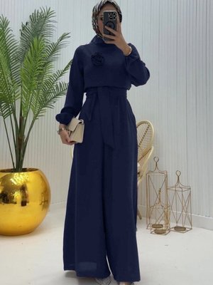 Lacivert Dik Yaka Kemerli Güllü Tulum