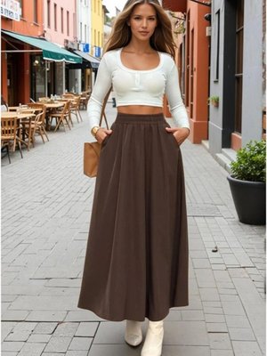 Kahverengi Beli Lastikli A Kesim Salaş Yüksek Bel Kupra Uzun Etek Kahverengi Beli Lastikli A Kesim Salaş Yüksek Bel Kupra Uzun Etek