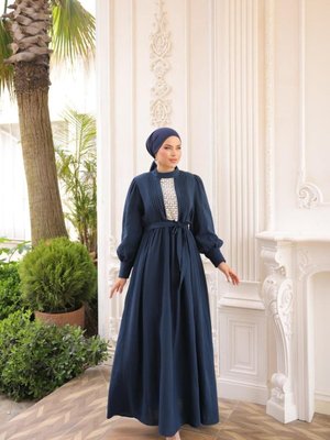 Lacivert Ankanoor Dantel Ve Nervürlü Müslin Elbise