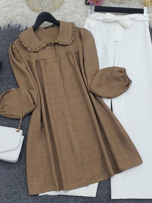 Kahve Bebe Yaka Boydan Düğmeli Tunik