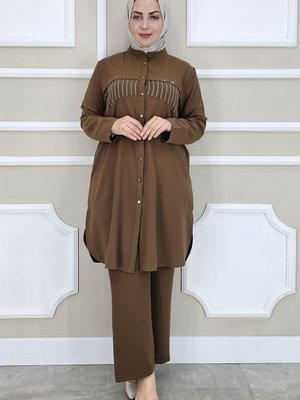 Kahverengi Kombinli Taş Detaylı İkili Takım