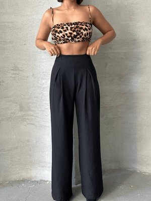 Siyah Pileli Keten Pantolon