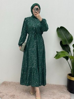 Orman Yeşili Kırçıllı Belden Büzgülü Abiye Elbise