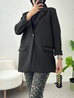 Siyah Cepli Tek Düğmeli Likralı Ceket