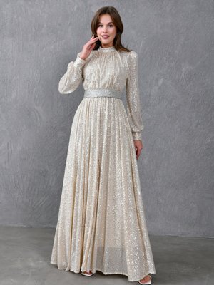 Ekru Uzun Kol Kemerli Pullu Abiye Elbise