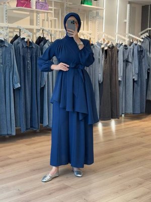 Lacivert Asimetrik Kloş Tunikli Pantolon Bluz İkili Takım