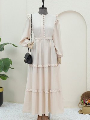 Bej Yarım Düğmeli Parçalı Kemerli Elbise