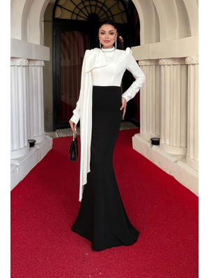 Siyah Atlas Kumaş Omuz Şal Detaylı Balık Elbise