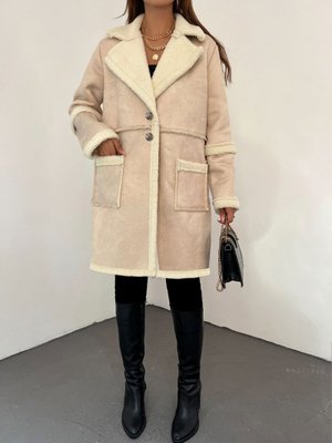 Bej İçi Kürklü Çift Düğmeli Cepli Süet Kaban