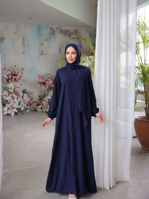Lacivert Ankanoor Medine İpeği Şallı Elbise