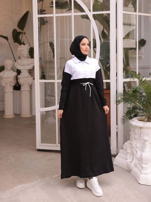 Siyah Ankanoor Garnili Iki İplik Pamuklu Spor Elbise Siyah Ankanoor Garnili Iki İplik Pamuklu Spor Elbise