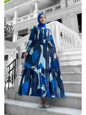 Lacivert Alya Desenli Viskon Elbise
