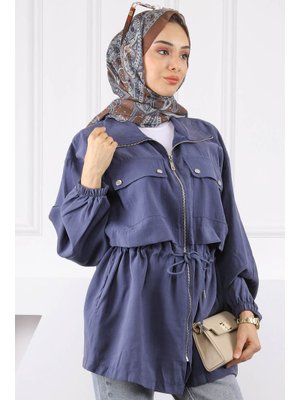 Lacivert Bel Bağlamalı Çift Cepli Ceket