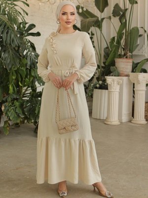 Ekru Fırfır Taş Detaylı Parça Eteklii Kemerli Ayrobin Elbise Ekru Fırfır Taş Detaylı Parça Eteklii Kemerli Ayrobin Elbise