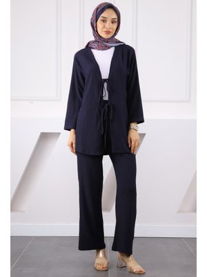 Lacivert Ön Bağlamalı Bürümcük Kimono Pantolonlu Takım