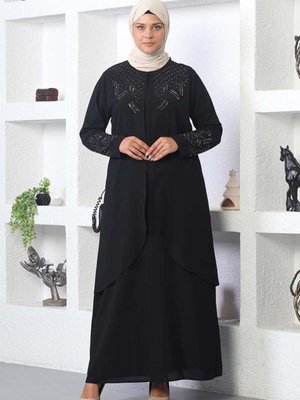 Siyah Taş İşlemeli Krep Kumaş Elbise