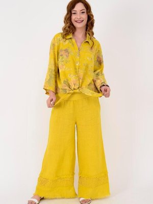 Sarı İtalyan Fisto Detaylı Keten Pantolon