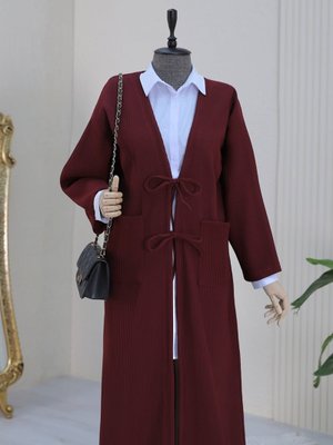 Bordo Torba Cepli Önü Bağcıklı Fitilli Uzun Örme Kap