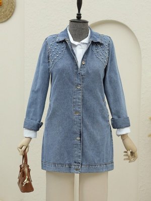 Buz Mavi Büyük Taş Detaylı Düğmeli Cepli Kot Ceket Buz Mavi Büyük Taş Detaylı Düğmeli Cepli Kot Ceket