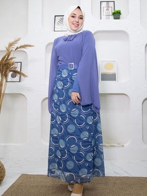 Mavi Eteği Desenli Elbise