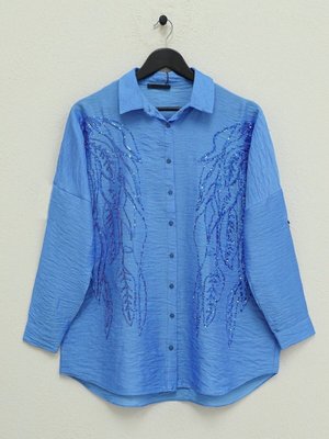 İndigo Yaprak Desen Pul Payet Gömlek