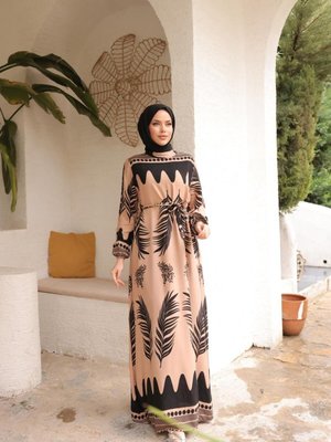 Bej Ankanoor Yaprak Desenli Viskon Elbise