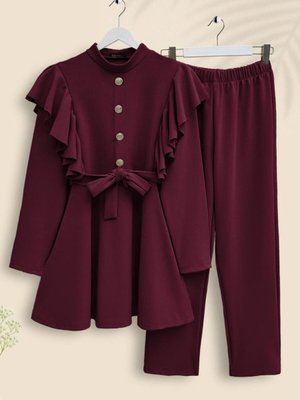 Bordo Düğme Detaylı Omuzu Fırfırlı İkili Takım