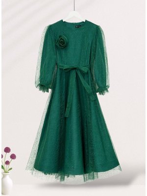 Zümrüt Kolu Lastikli Kuşaklı Simli Kabarık Tül Abiye Elbise