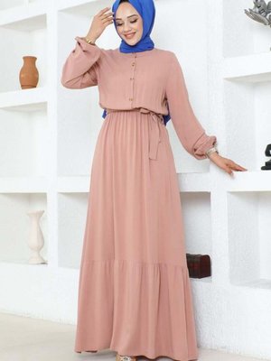 Pudra Düğme Detaylı Viskon Elbise