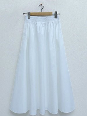 Beyaz Uzun Beli Lastikli Çift Cepli Poplin Kloş Etek