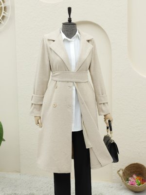 Bej Arkası Bolero Detaylı Kemerli Kaşe Kaban