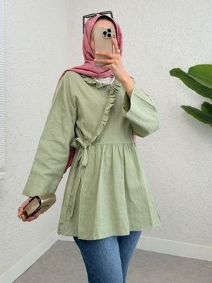 Mint Yakası Fırfırlı Yandan Bağlamalı Keten Kimono