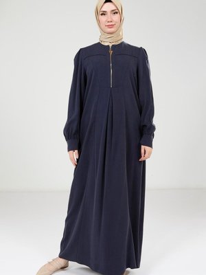 Lacivert Yakası Fermuarlı Renk Elbise