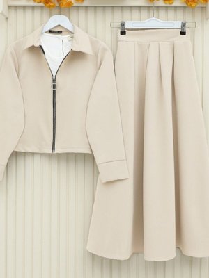 Bej Fermuarlı Pliseli Etekli İkili Takım