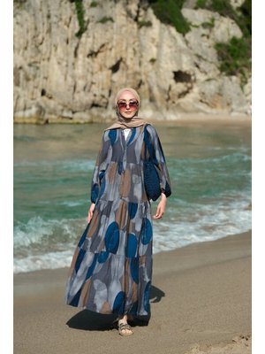 Lacivert Parça Desenli Elbise Lacivert Parça Desenli Elbise