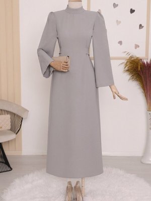 Gri Hakim Yaka Belden Bağlamalı Elbise