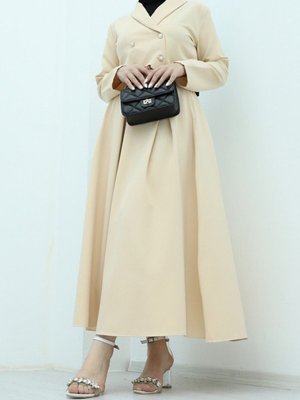 Bej İnci Düğmeli Etek Ceketli İkili Takım