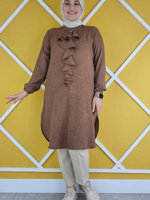Kahverengi Robası Fırfır Detay Ve Önü Düğmeli Tunik