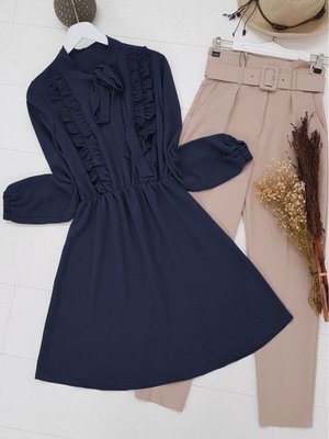 Lacivert Yakası Bağcıklı Fırfırlı Ayrobin Tunik