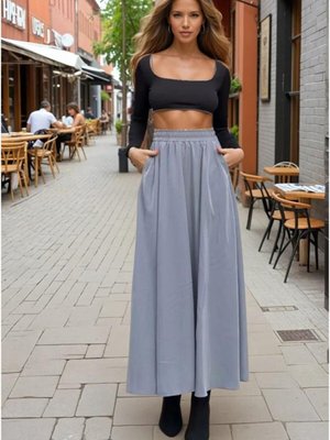 Gri Beli Lastikli A Kesim Salaş Yüksek Bel Kupra Uzun Etek Gri Beli Lastikli A Kesim Salaş Yüksek Bel Kupra Uzun Etek