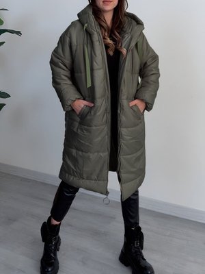 Haki Kapüşonlu Bağcık Detaylı Fermuarlı Şişme Mont