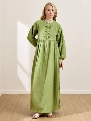 Fıstık Yeşili Müslin Fiyonklu Belroba Elbise