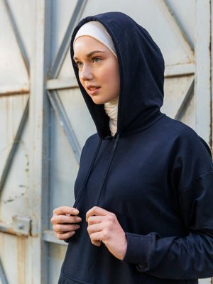 Lacivert Kanguru Cepli Kapüşonlu Elbise