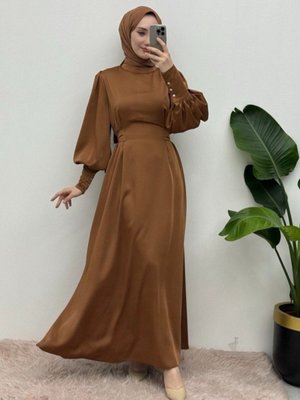 Taba Uzun Manşetli Belden Bağlamalı Saten Balon Kol Abiye Elbise