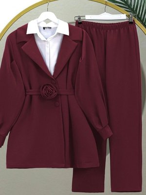 Bordo Kemeri Gül Detaylı Kruvaze Yaka Ceket Pantolon İkili Takım
