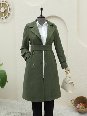 Haki Arkası Bolero Detaylı Kemerli Kaşe Kaban