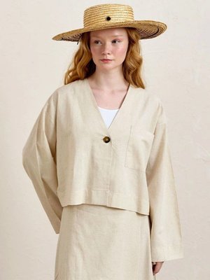 Krem Organik Keten Tek Cepli Ceket