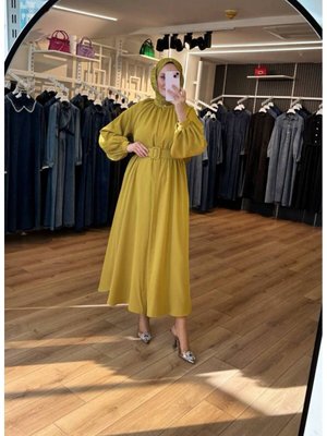 Yağyeşili Boynu Ve Kolları Büzgülü Kemerli İnci Düğmeli Kap Pardesü