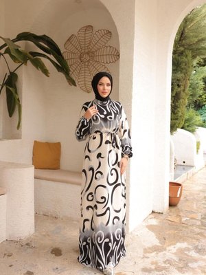 Siyah Ankanoor Etnik Desenli Viskon Elbise