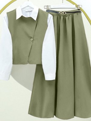 Haki Çapraz Düğmeli Yelek Etek İkili Takım